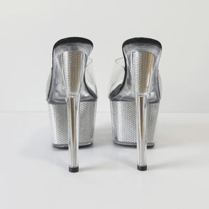 Tacón tipo mule de plataforma extrema con diseño futurista y llamativo 17cm
