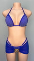 Bikini Azul Royal con Brillos, pareo y Cinturón Dorado
