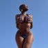 Bikini Azul Royal con Brillos, pareo y Cinturón Dorado